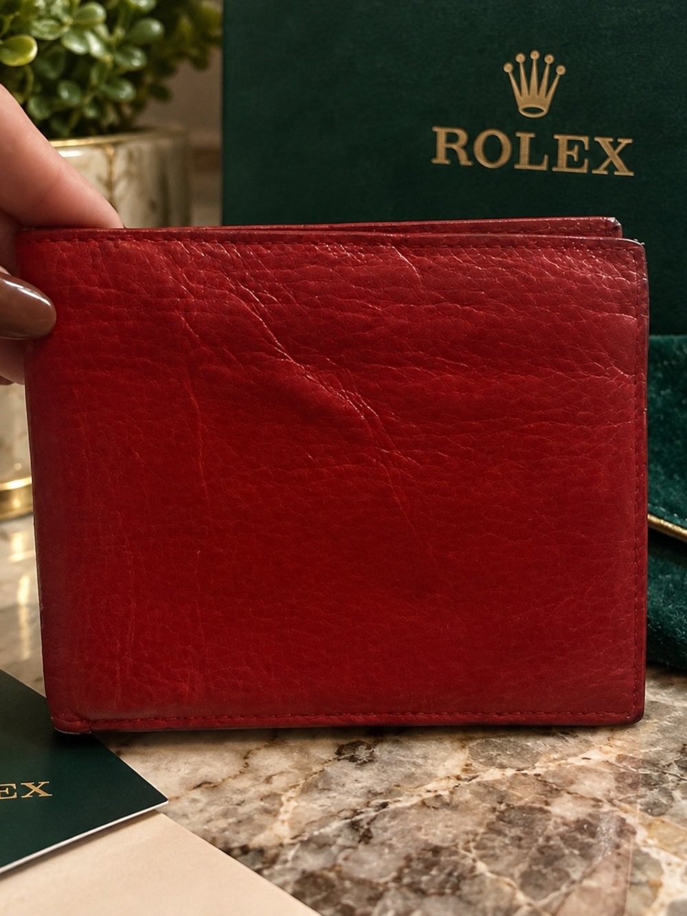 Vintage Rolex Red Leather Bifold Wallet Coin Purse Code 60.02.55